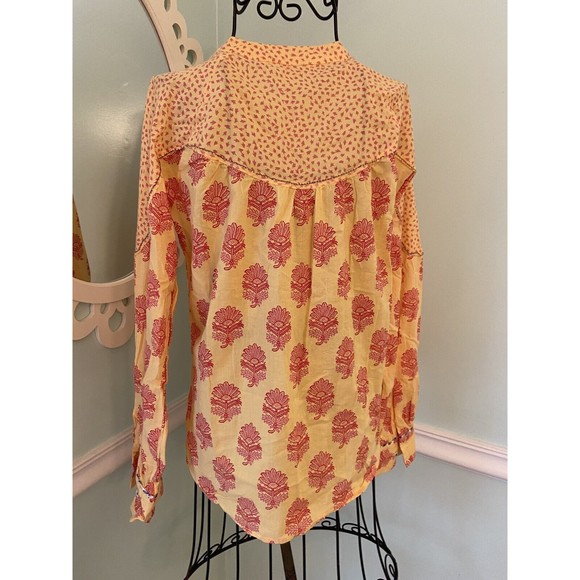 Sundance Catalog Damask Yellow Red Blue Mock Collar Button-down Shirt Top XS - Picture 3 of 5